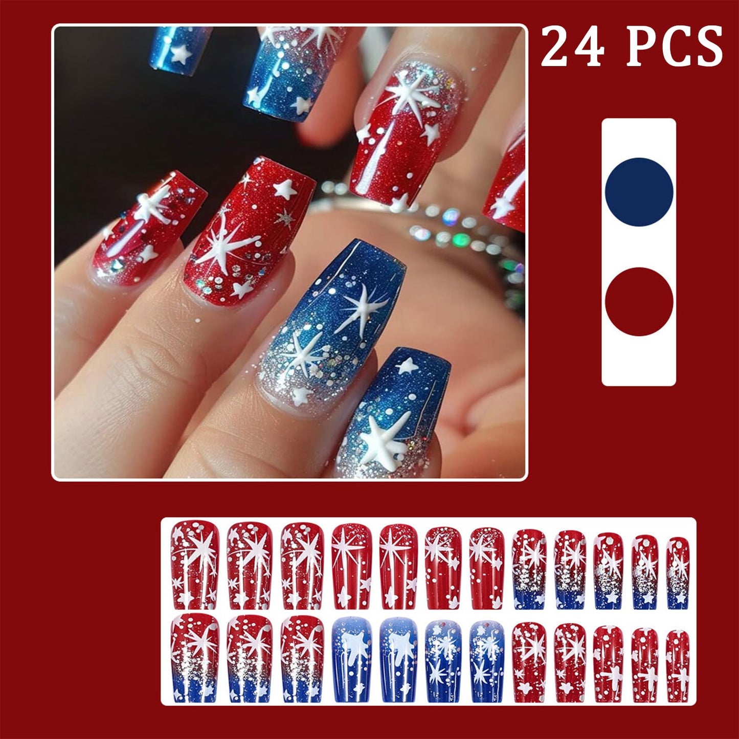 24Pcs Independence Day Gradient Press on Nails Medium Square 4th of July Glitter Stars Fake Nails patriotic Design False Nails Full Cover Stick on Nails Memorial Day Nails for Women Nail Decoration
