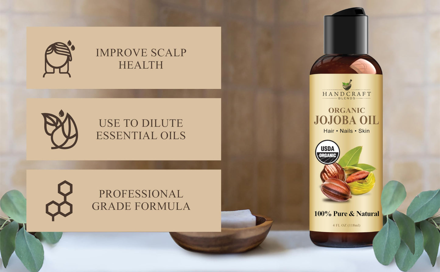 Handcraft Blends USDA Organic Jojoba Oil - Cold-Pressed 4 Fl Oz - 100% Pure and Natural - Premium Grade Carrier Oil for Skin and Hair - Hair and Body - Massage - Hexane-Free