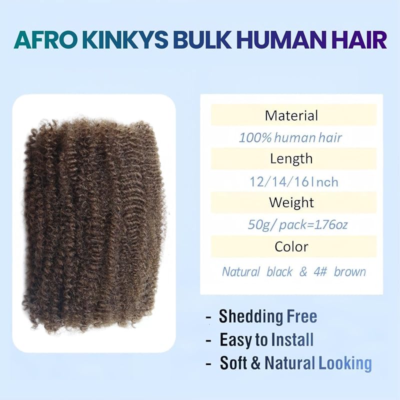 Brown Afro Kinky Curly Bulk Human Hair 16 Inch 50g 1 Pack for Braids - 4# Brown + 16 Inch (Variation of THIS listing)
