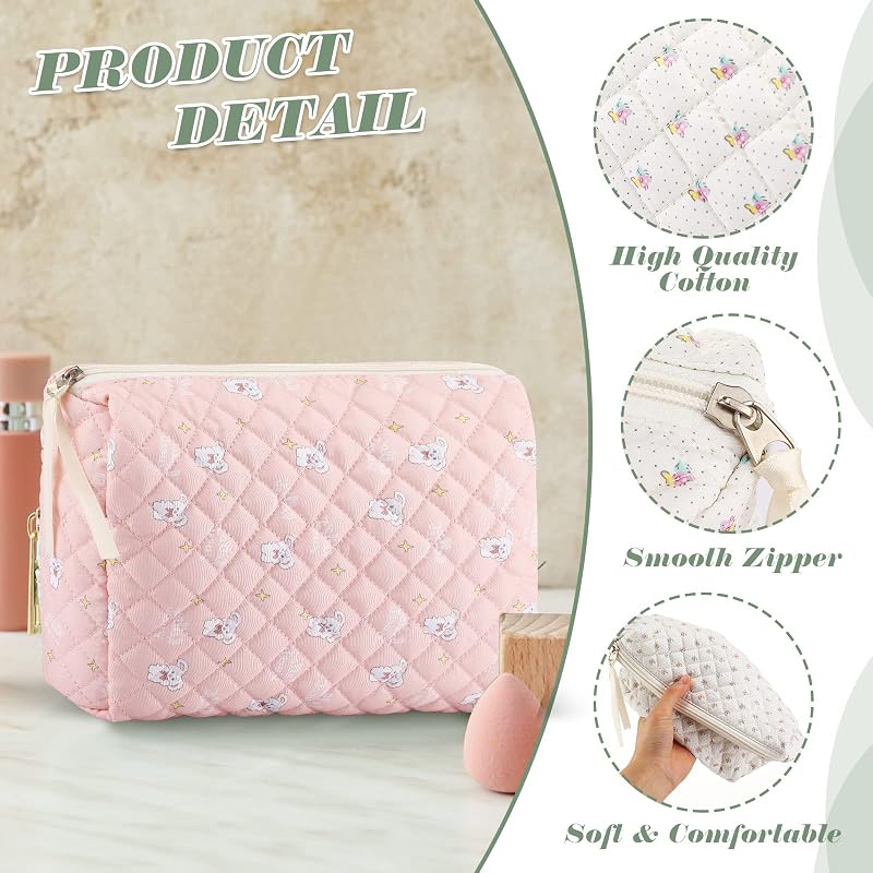 6 Pcs Quilted Makeup Bags Set - Cotton Floral Cosmetic Organizers for Travel
