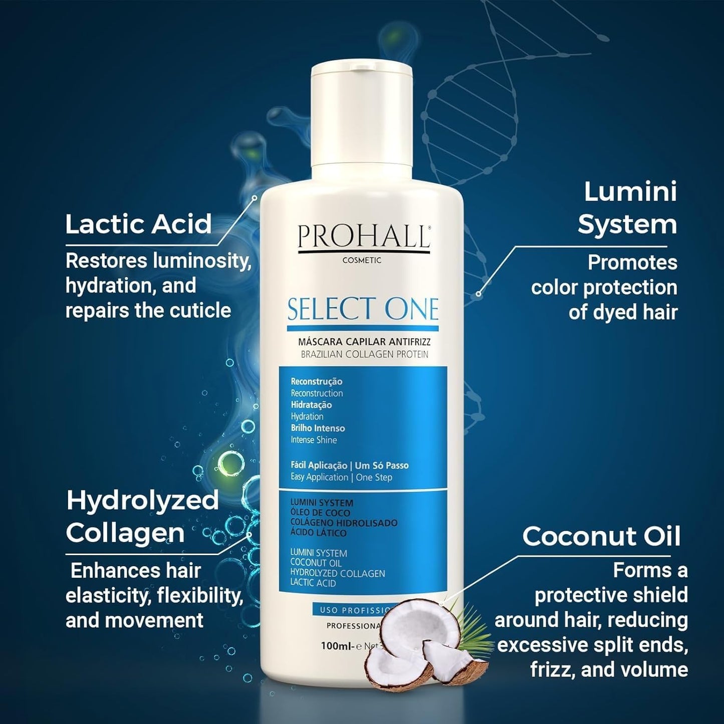 Brazilian Keratin Hair Treatment Blowout Complex Formaldehyde Free - PROHALL SELECT ONE 3.4oz/100ml - Keratina Queratina Brasileña Para Alisar el Pelo Sin Formol- Protein Hair Treatment