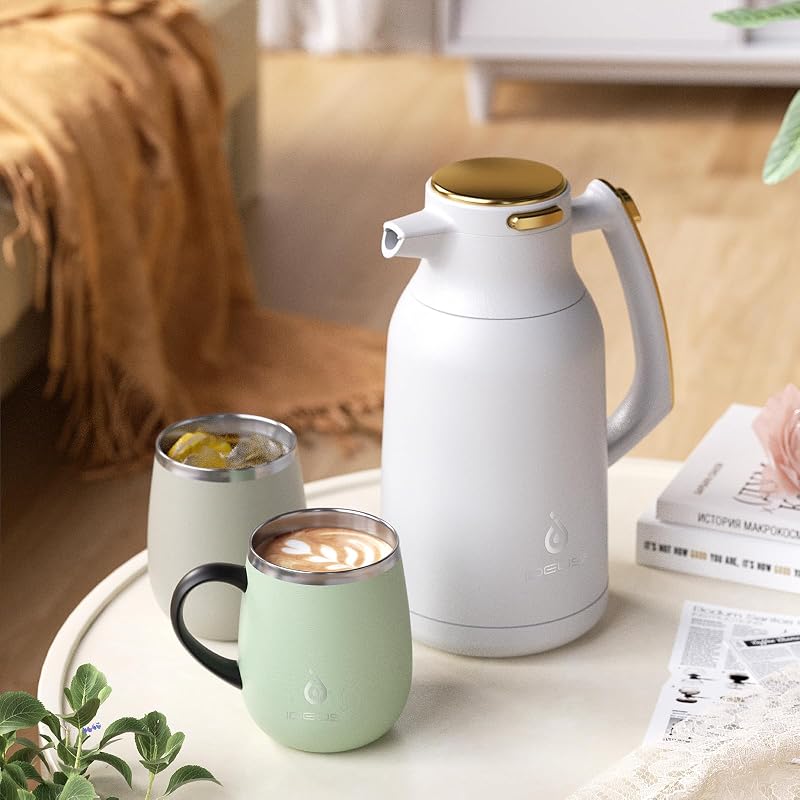 IDEUS 68oz Thermal Coffee Carafe - White-Gold Beverage Dispenser (67.6 oz variant)