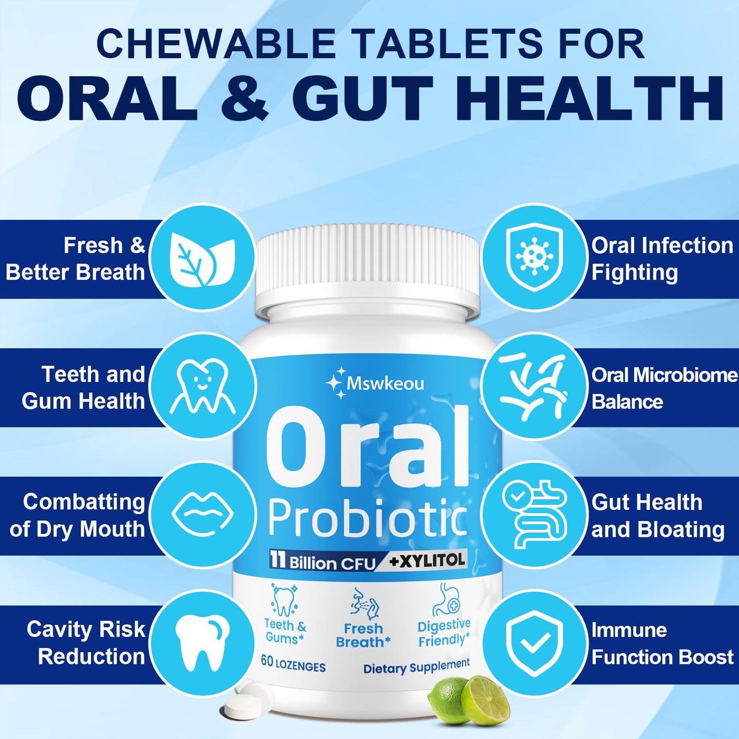 Oral Probiotics for Mouth Bad Breath for Adults 11 Billion CFU, Best Breath Oral Dental Probiotics for Teeth & Gums, Dry Mouth, Gum Restore, Fresh Breath, Chronic Halitosis & Gut Health, 60 Lozenges