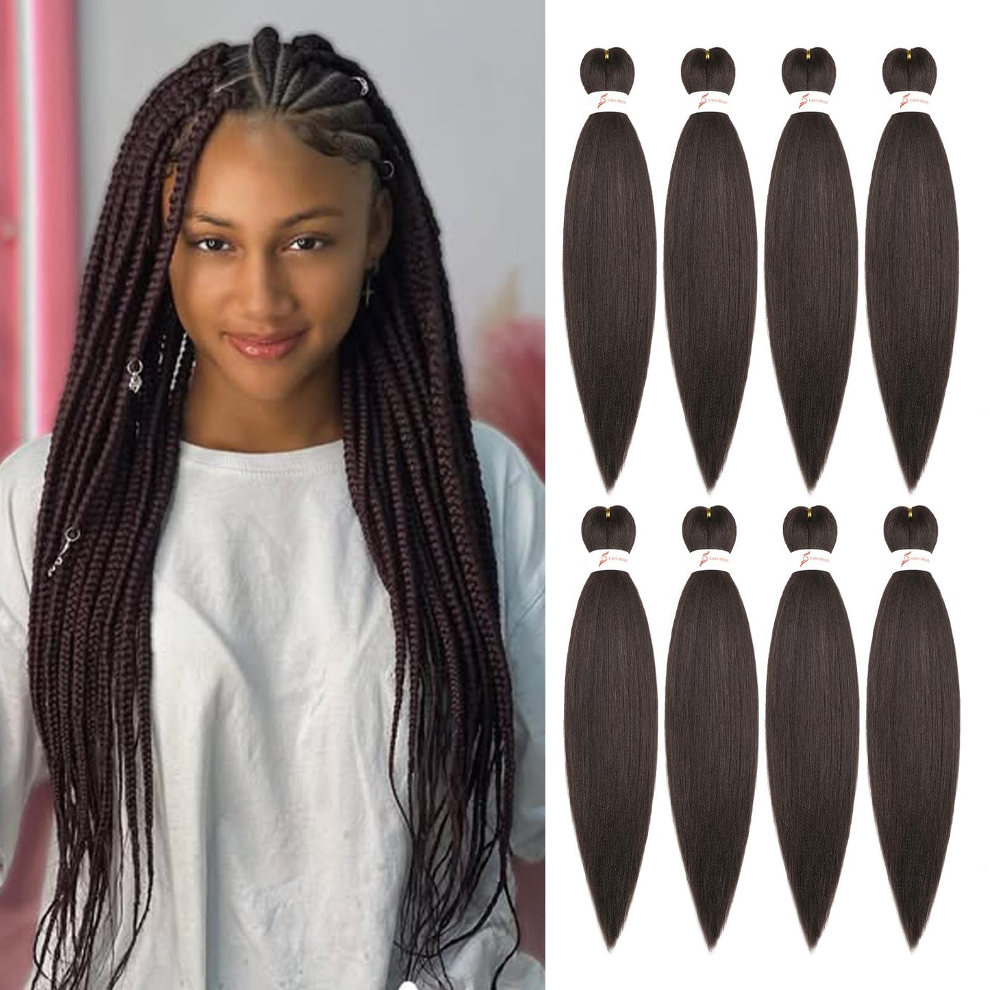 Dark Brown Braiding Hair Pre Stretched 16 Inch 8 Packs Professional Synthetic Braiding Hair for Box Braids/Twists/Crochet Braids No Itch Hot Water Setting Soft Yaki Texture (4#)