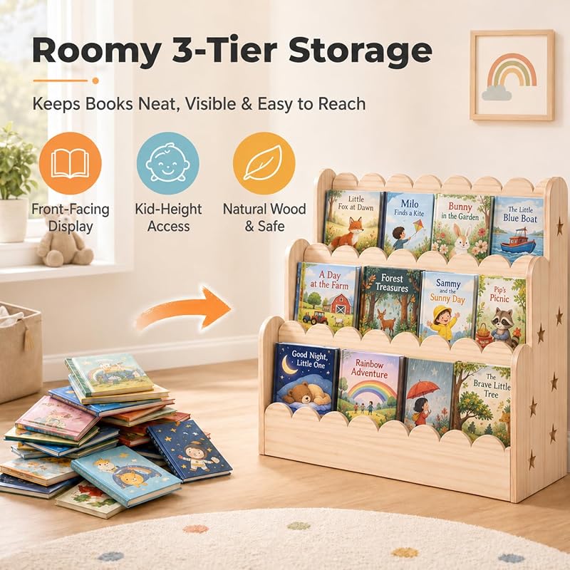 3-Tier Kids Bookshelf - Front-Facing Natural Wood Bookcase