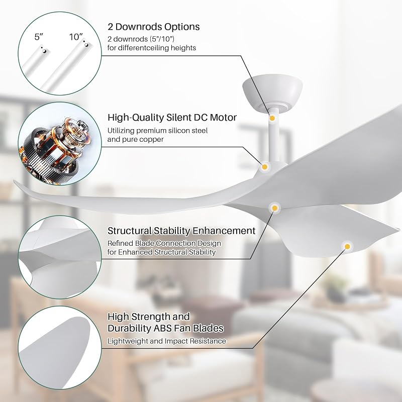 52-Inch White Ceiling Fan with Remote, 6 Speeds, Low Profile Dc Motor - A-52 Inch/White+52 Inch