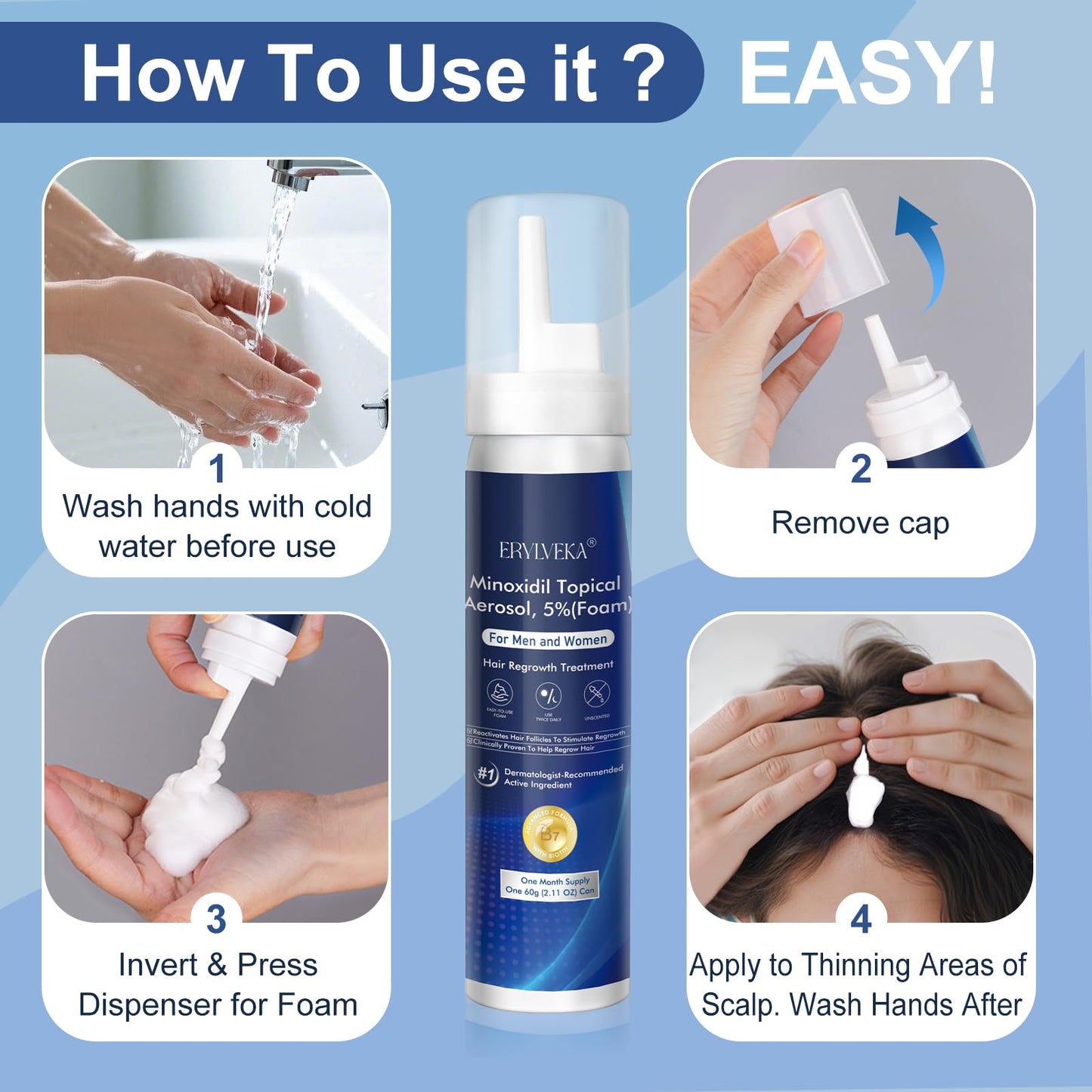 5% Minoxidil Foam with Biotin – Hair & Beard Growth Treatment for Men & Women, Fragrance-Free, Non-Greasy, 4-Month Supply (8.44oz), Clinically Trusted Formula ERYLVEKA