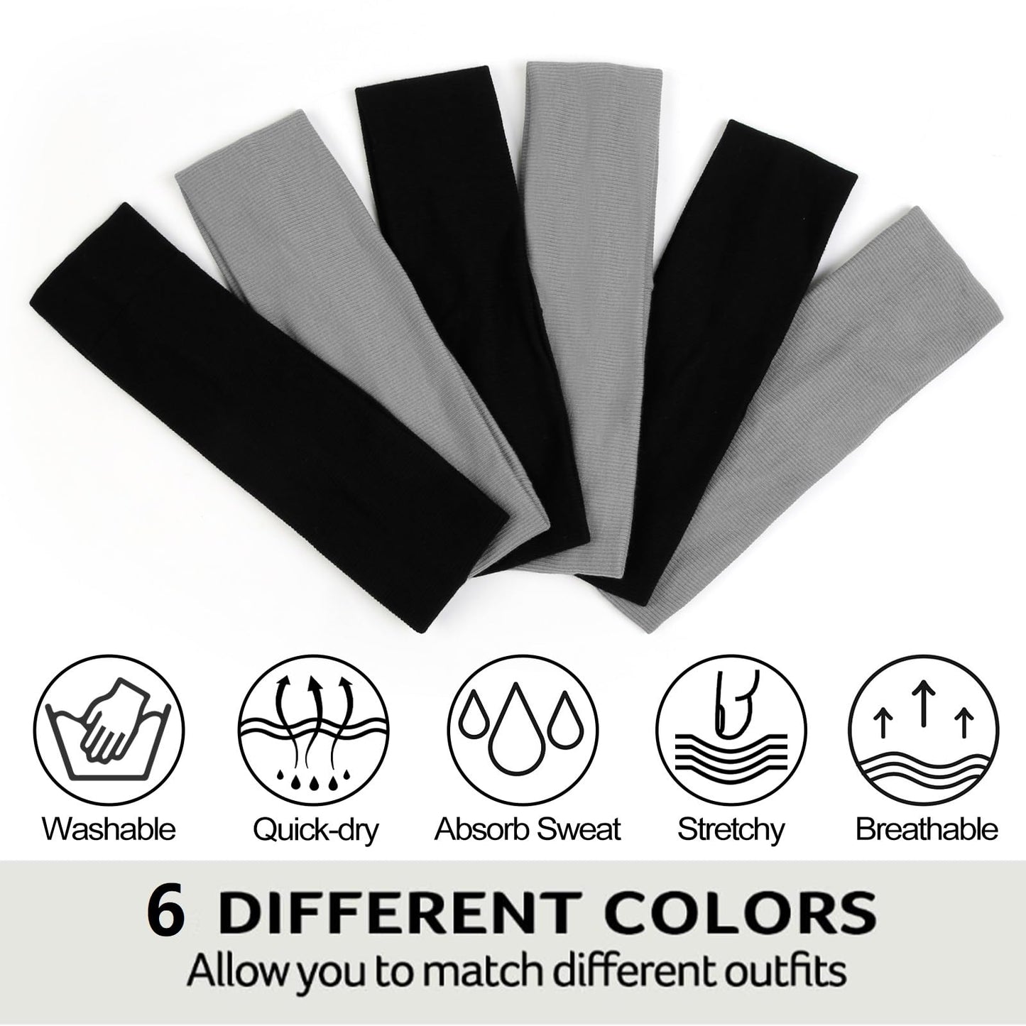 Black Headbands for Women Non Slip - Fashion Yoga Sports Hair Bands for Women's Hair, Soft Elastic Cotton Cloth Sweat Headbands for Women for Workout Running Daily 6PCS