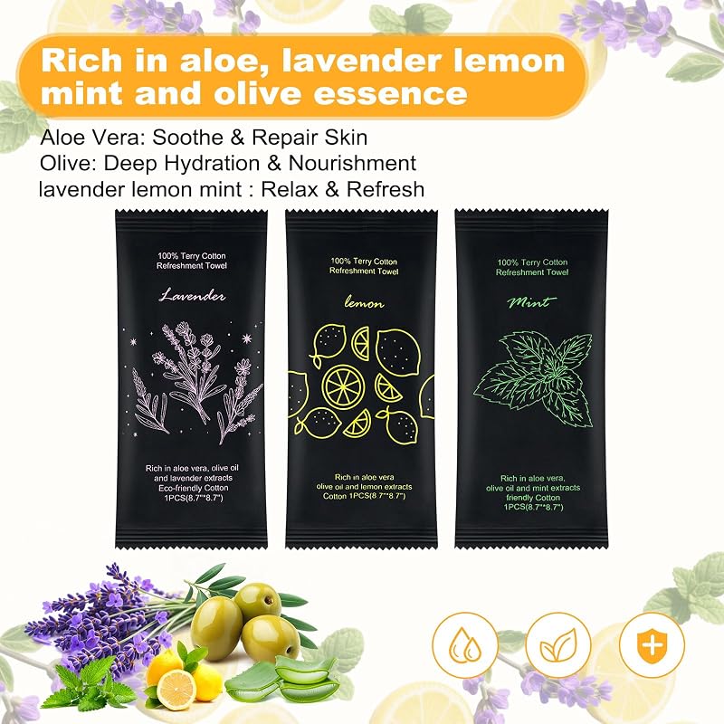 Moist Towelettes 60 Count with Lavender, Lemon & Mint – Individually Wrapped Cotton Towels