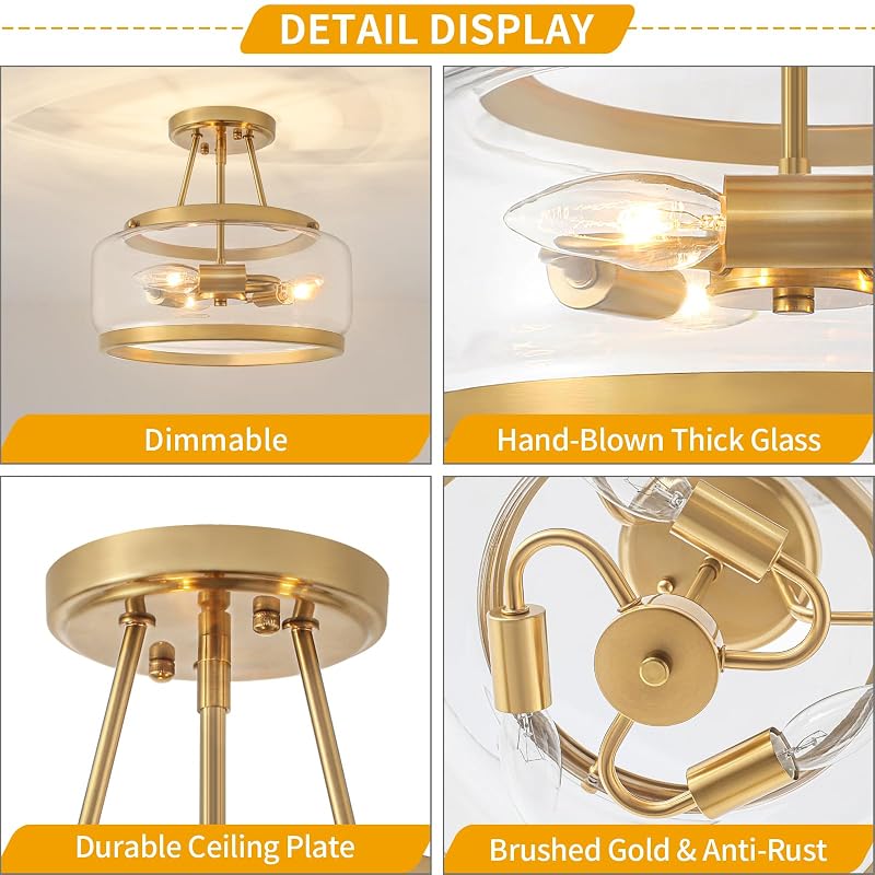 Brushed Gold 11.81in Semi-Flush Mount Ceiling Light - 3-Light Hallway Fixture (Brushed Gold)
