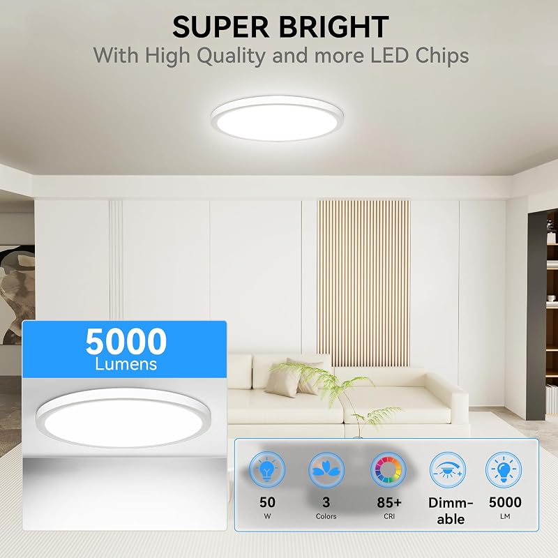 5CCT 3000K-6000K Dimmable 20in LED Flush Mount Ceiling Light - White & 2Pack