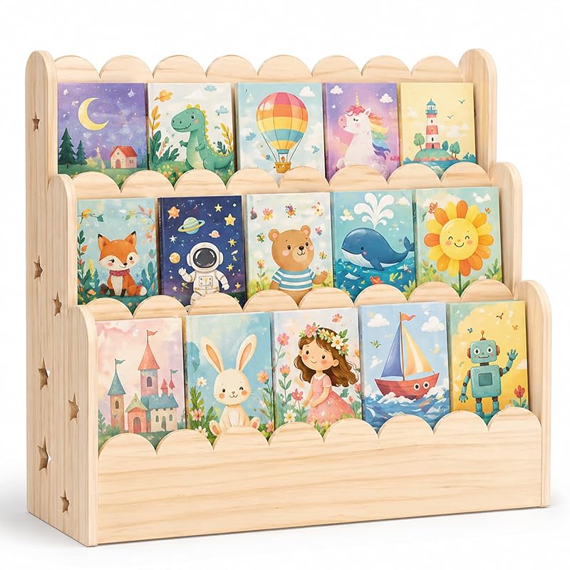 3-Tier Kids Bookshelf - Front-Facing Natural Wood Bookcase