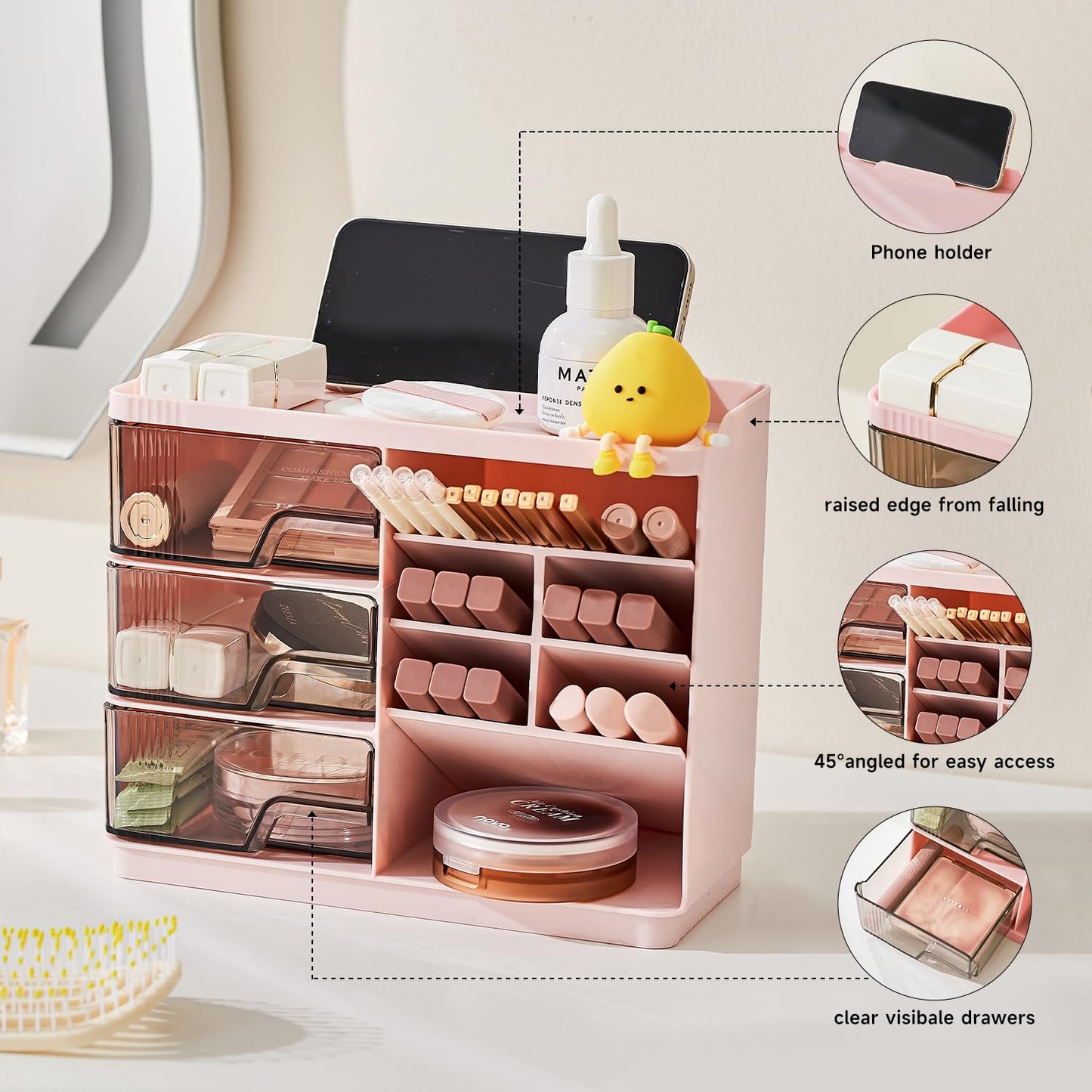 UFORU Makeup Organizer Countertop with 3 Drawers, Multi-Function Desktop Vanity Organizer for Skincare Makeup Brush Lipstick, Bathroom Counter Organizer, Pink