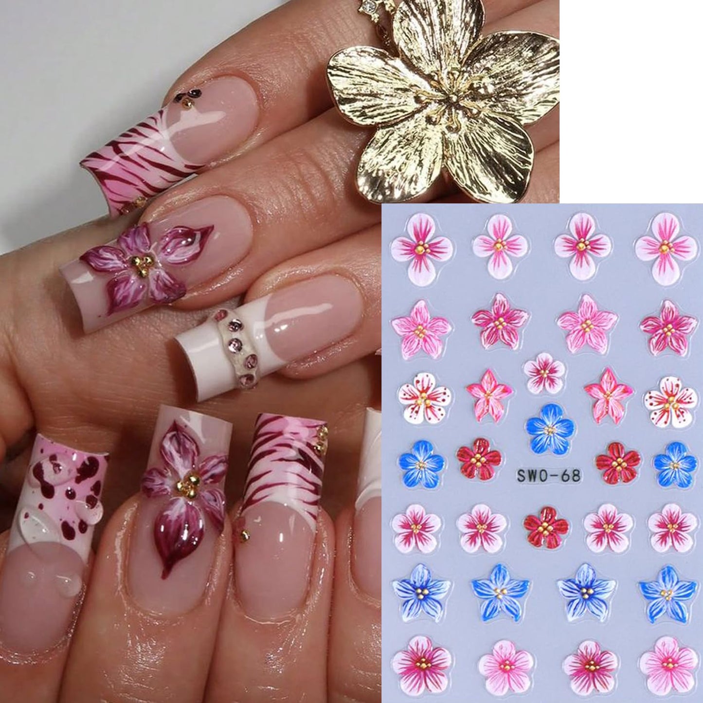 Flower Nail Stickers for Nail Art 5D Embossed Spring Summer Lily Hawaiian Flower Adhesive Nail Stickers Floral Nail Decals Summer Flowers Nails Design Manicure Supplies para Uñas Decor 4Pcs