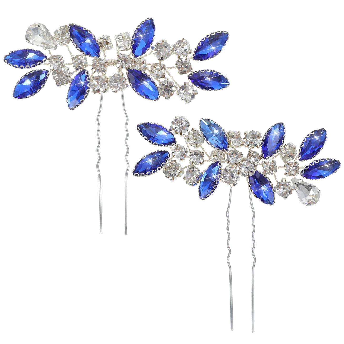 2Pcs Crystal Bridal Hair Pins, Rhinestone Royal Blue Hair Accessories, Decorative Sparkle Wedding Hairs Pins, Blue Silver Hairs Clips for Prom Women Girls Bridesmaids