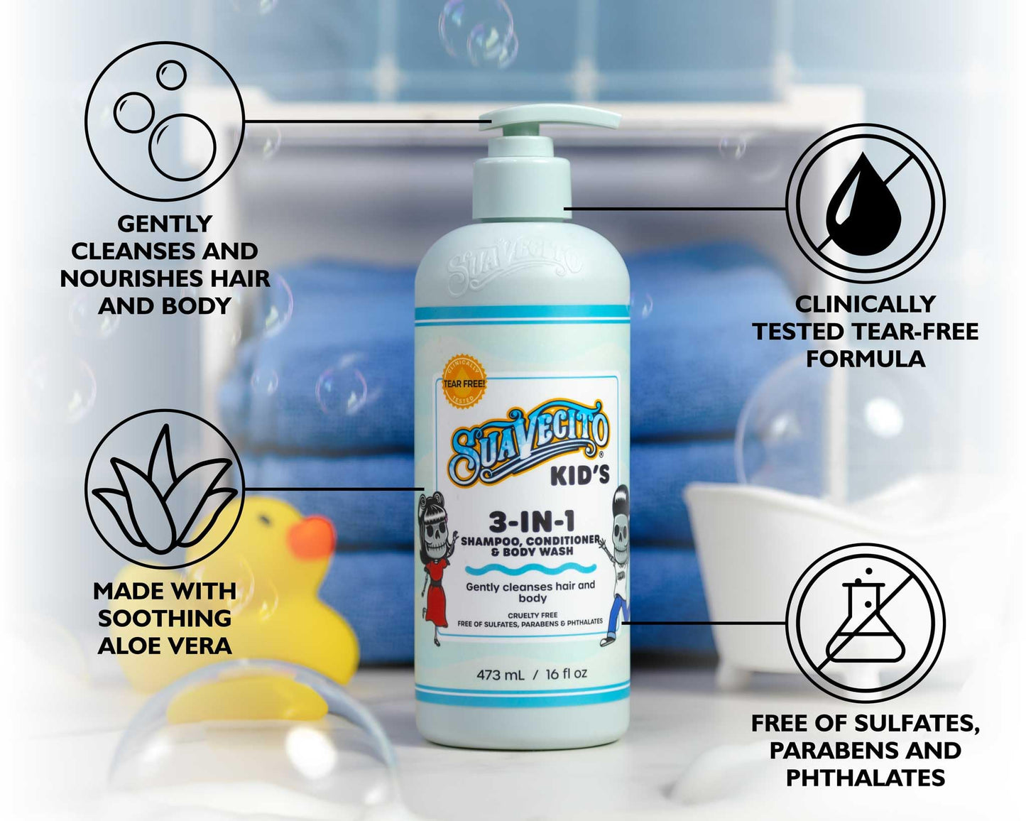 Suavecito Kid's 3-in-1 Shampoo, Conditioner, & Body Wash Milk & Honey Scent 16 oz Pump Bottle - Clinically Tested Cruelty Free Formula Free of Sulfate, Parabens, & Phthalates Ensuring No Tears