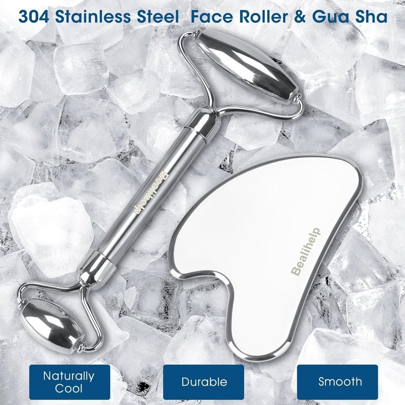 Face Roller & Gua Sha, Stainless Steel Facial Roller and Gua Sha Tool for Face, Skin Care, Anti-Aging, and Lifting
