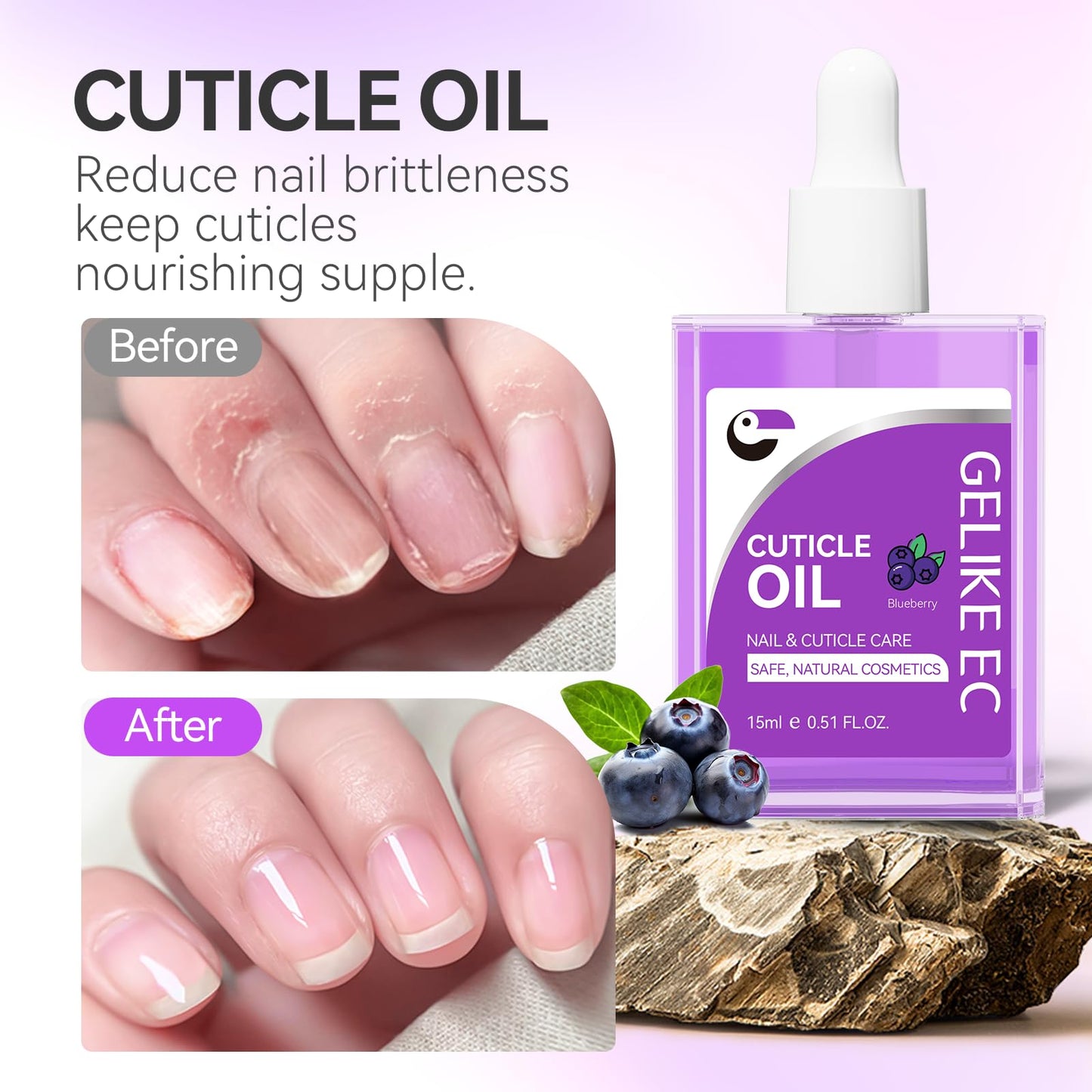 Nail Cuticle Oil for Moisturize and Repair - Gelike EC Easy and Quick Absorb Cuticles Care Treatment - Natural Blueberry Smells for Women and Men Dry Damaged Thin Nails