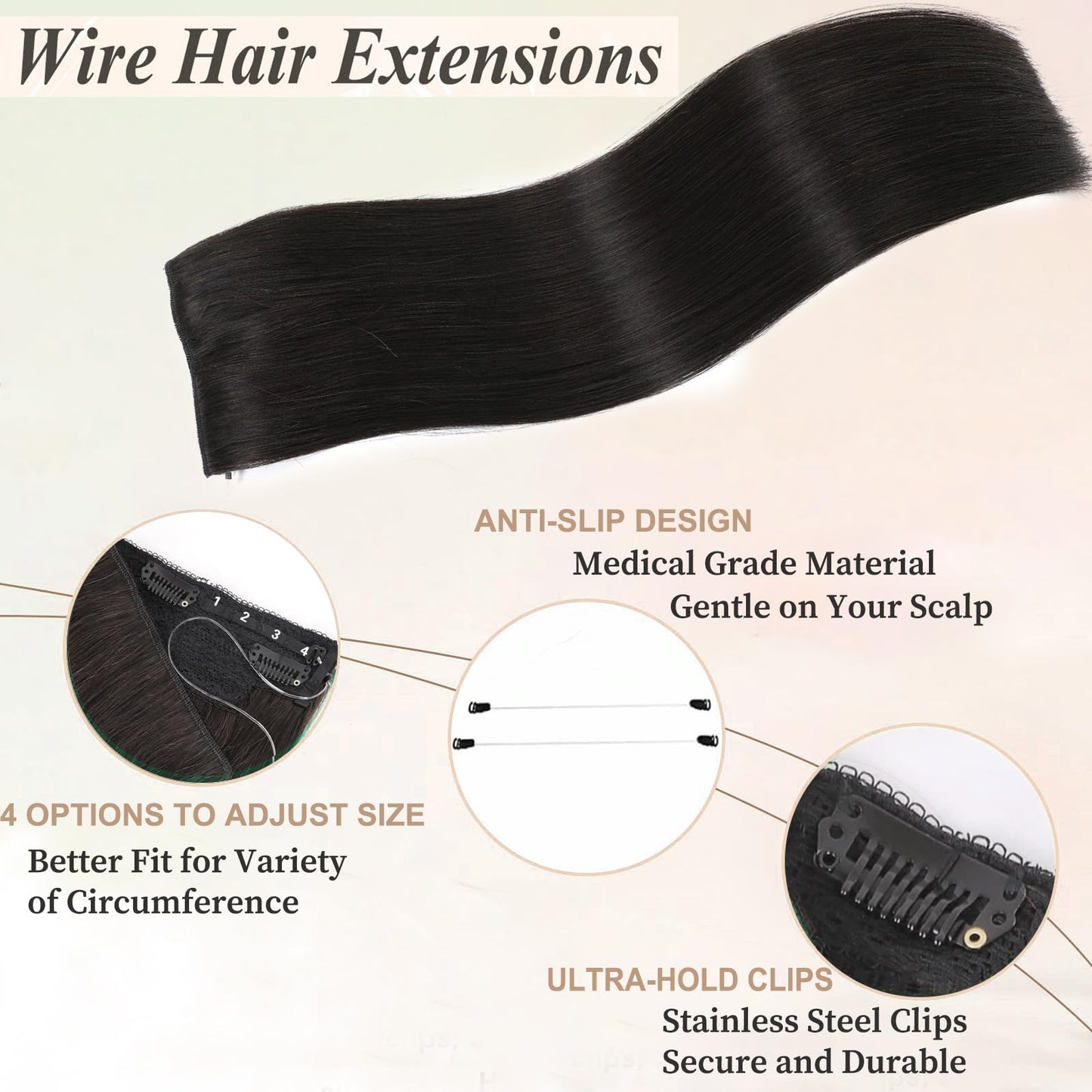 Doupor Invisible Halo Wire Human Hair Extensions 16inch/80g Natural Black Halo Hair Extensions Real Human Hair Adjustable Fish Line Secret With Clips in Remy Human Hair For Women