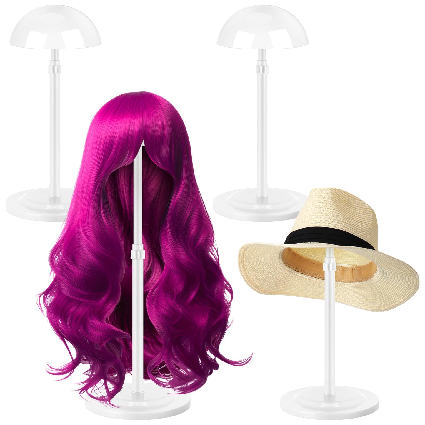 Tatuo 4 Pcs Wig Holders, 9.8"-18.9" Adjustable Height Wig Head Stand Portable Hat Display Holder Storage for Multiple Travel Wigs Styling Practice women DIY Head Stand Non Slip Stable(White)
