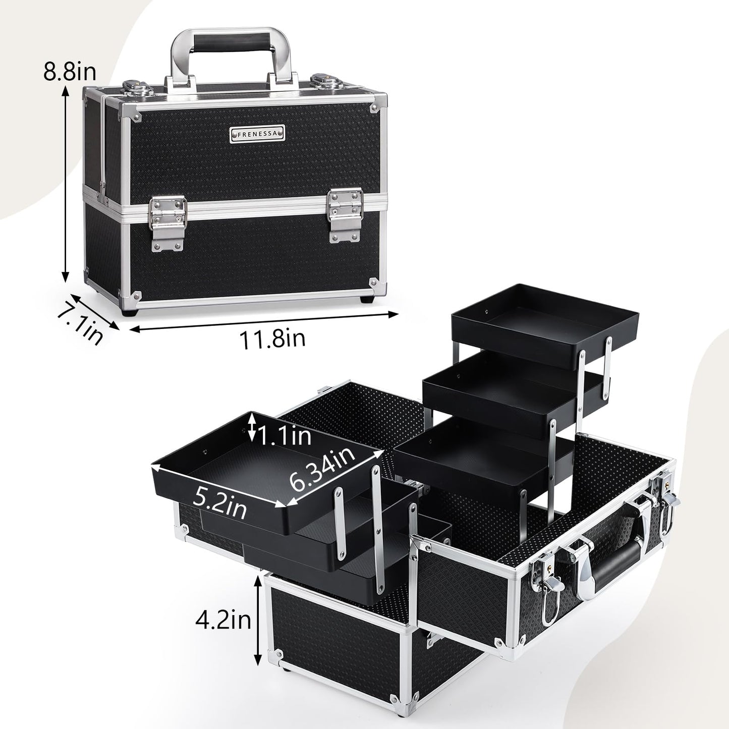 FRENESSA Makeup Train Case Makeup Case 11.8 Inch Large Cosmetic Box Organizer Travel Storage Professional Make Up Train Carrying Case with 6 Trays Locking Hard Vanity Storage Black