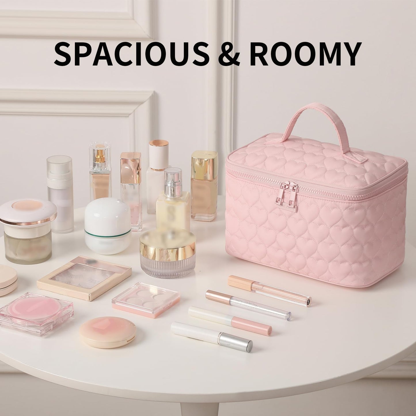 RIGHT AWAY Makeup Bag,Large Cosmetic Bags for Women Girls, Quilted Train Case Make Up Bag with Handle,Travel Makeup Case Organizer,Cute Toiletry Bag Vanity Bag(Pink)