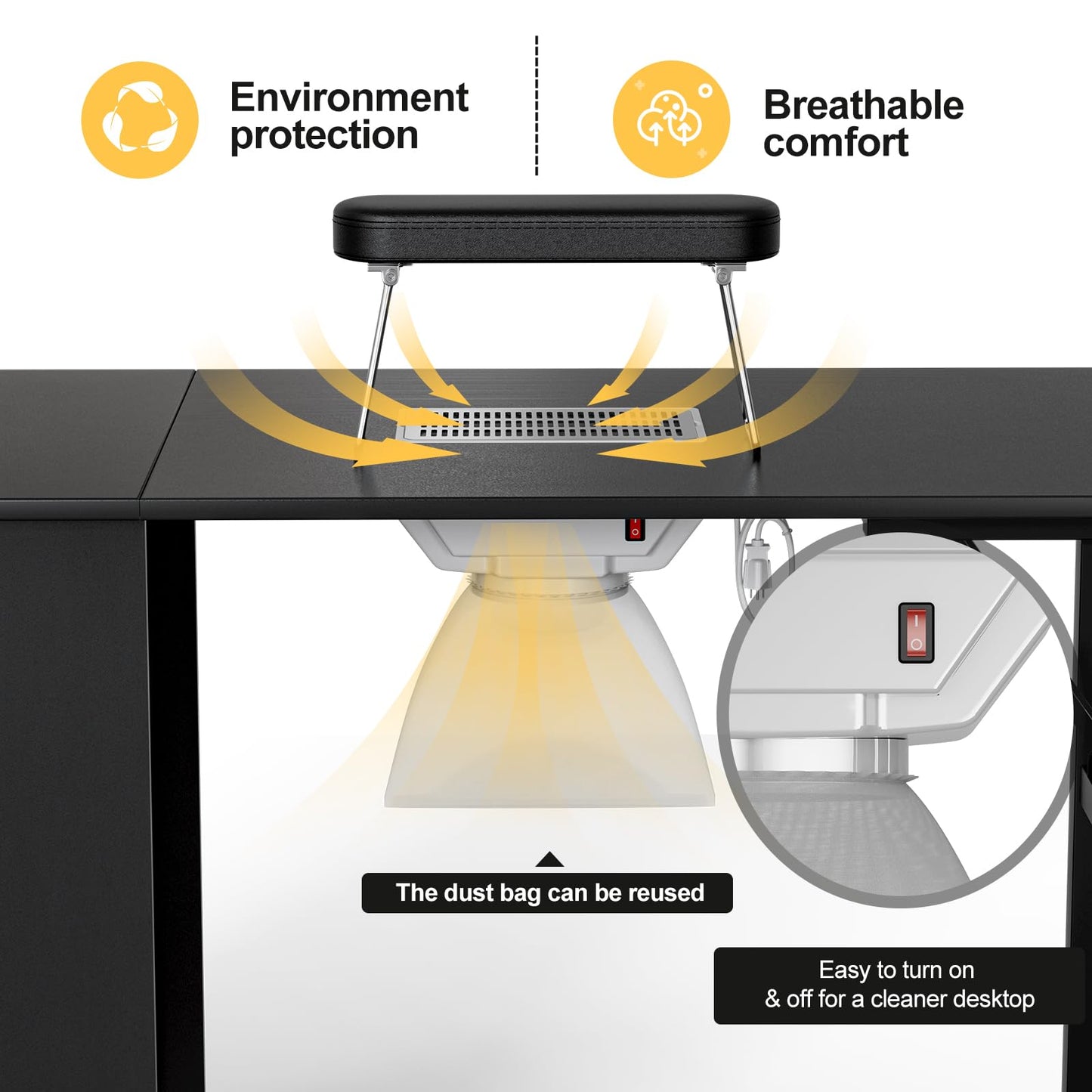 Belandi Foldable Manicure Table Nail Table,Folding Nail Desk Station for Nail Tech w/Electric Downdraft Vent,Lockable Wheels,Foldable Nail Arm Rest,Storage Drawers,Wooden Handles(Black)