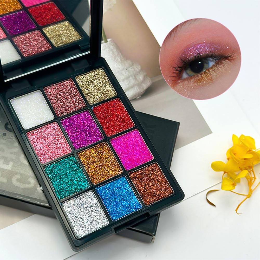 12 Colours Pearly Glitter Eyeshadow Palette, Sparkle Sequin Pearly Finish, Long-Lasting and Highly Pigmented Eyeshadows for Festive Look Carnival/Mardi Gras/Masquerade