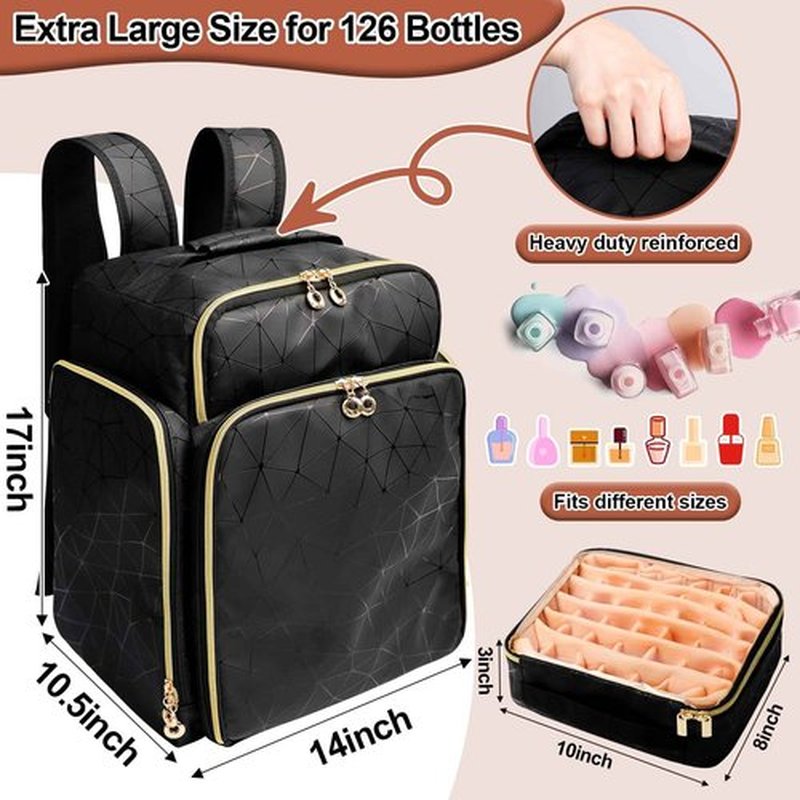 ahzske Nail Polish Organizer Backpack Holds 126 Bottles& Nail Lamp, Extra Large Nail Kit Supplies Organizer Bag with 3 Removable Cases, Portable Nail Organizers and Storage for Trave (Elegant Black)