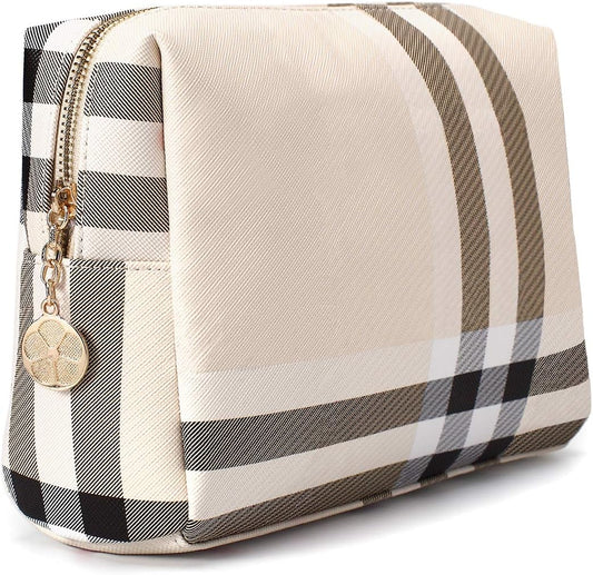 Luxury Beige Makeup Bag for Women - Designer Cosmetic Pouch & Travel Organizer