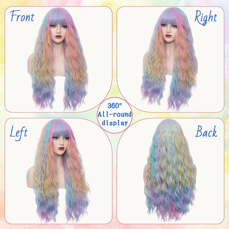 Variation of THIS listing: Multi Color Rainbow - 27'' Curly Wavy Wig with Flat Bangs for Women