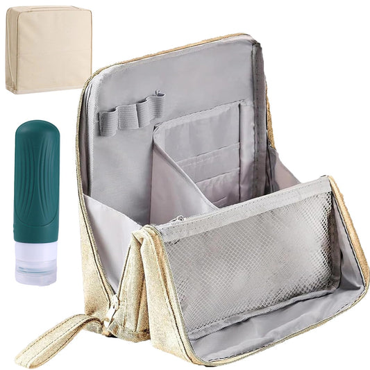 DASHENRAN Standing Makeup Bag, Portable, Large Capacity, Doresty Stand up Makeup Bag, Vertical Large Opening Waterproof Multifunctional Make up Bags with Compartments, Travel-Friendly (Beige)