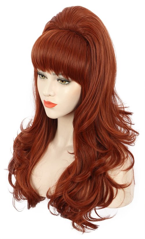 karlery Adult Women Long Wavy Ginger Auburn Wig Big Red Costume Wig Bouffant Beehive Wig 60s 70s Themed Party Wig