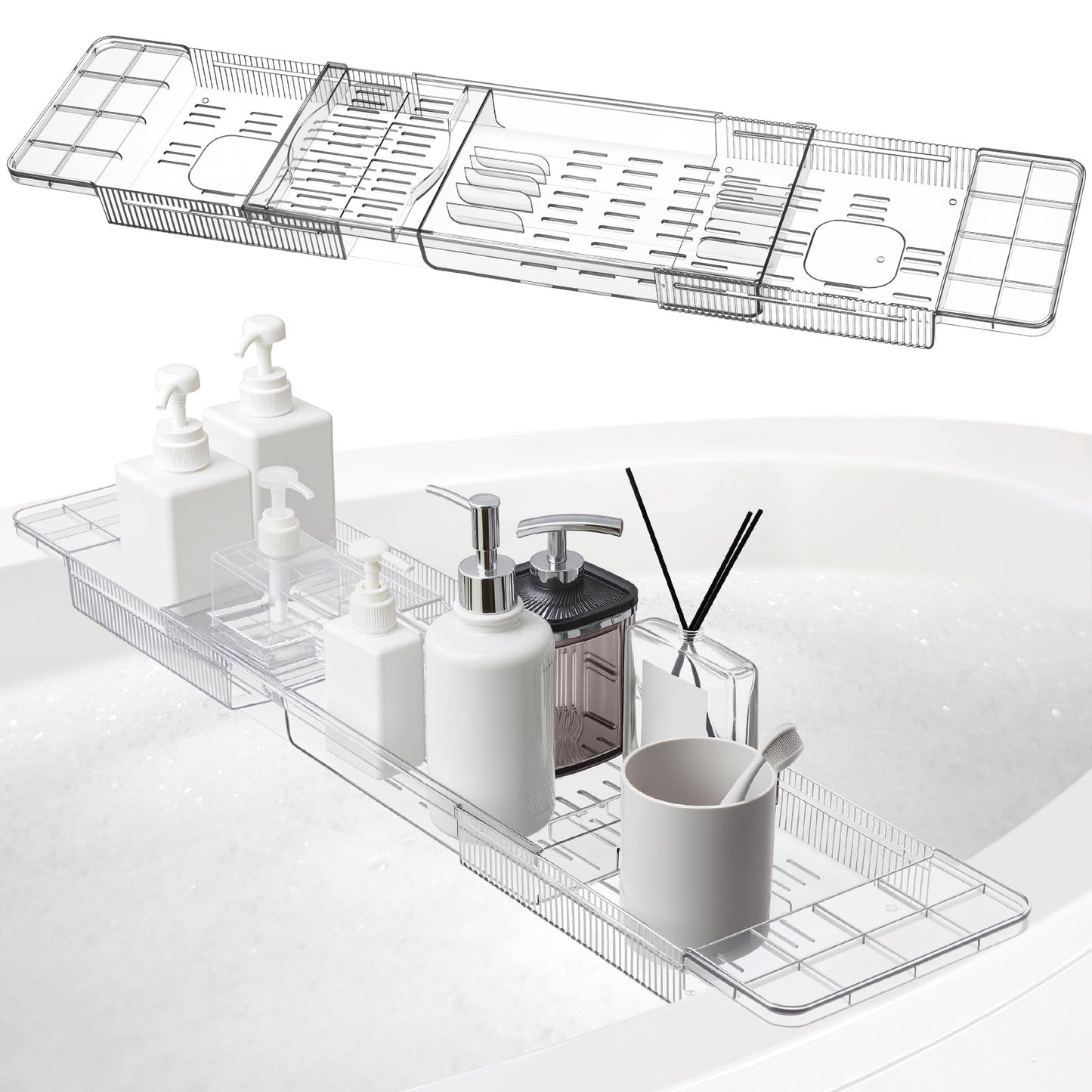 Honeydak Expandable Bath Toys Organizer Bath Toy Storage Basket Clear Acrylic Bathtub Tray with 3 Compartment Horizontal Large Openings Bath Toy Caddy Shelf Holder for Bathtub Toy Storage