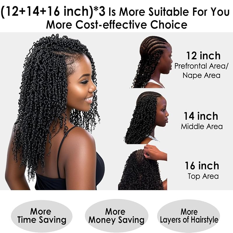 Yanky Twist Crochet Hair - 12" 14" 16" Natural Black (1B#) 9 Packs, Pre-Mixed