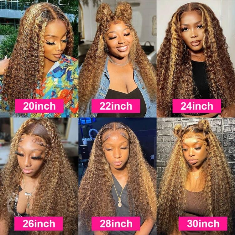 Pizazz 4/27 Highlight Lace Front Wigs Human Hair Pre Plucked Bleached Knots 12A 180 Density 13x4 HD Ombre Honey Blonde Deep Wave Human Hair Wigs with Baby Hair(26 Inch, Brown mix gloden color)