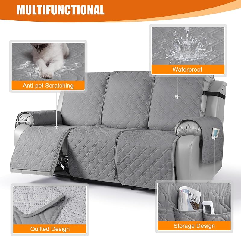 VANSOFY Light Gray 3-Seater Waterproof Recliner Couch Cover