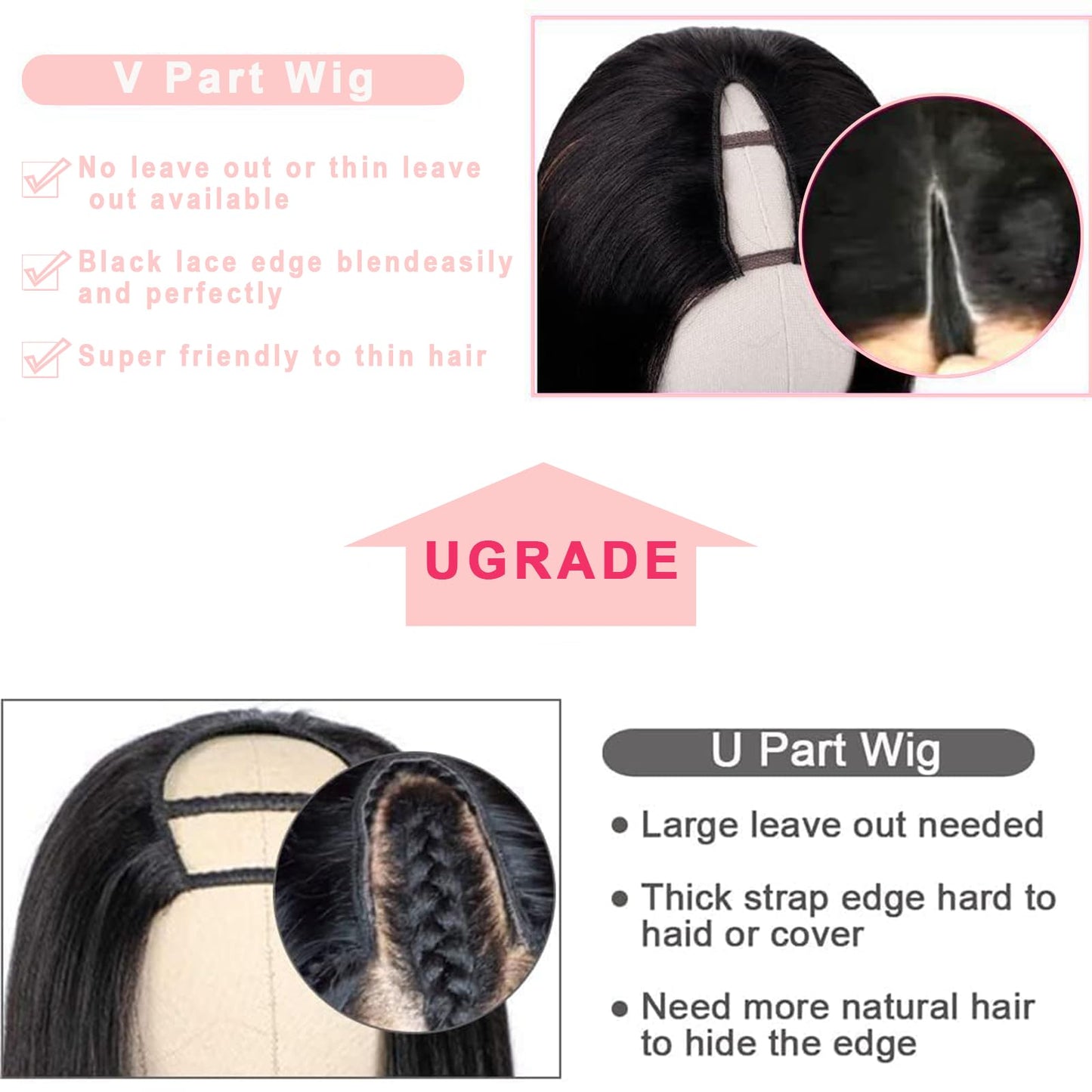 V Part Wig Human Hair Kinky Straight Human Hair Wigs Upgrade U Part Human Hair Wig for Women No Leave Out No Sew In 200% Density Natural Color 28 Inch