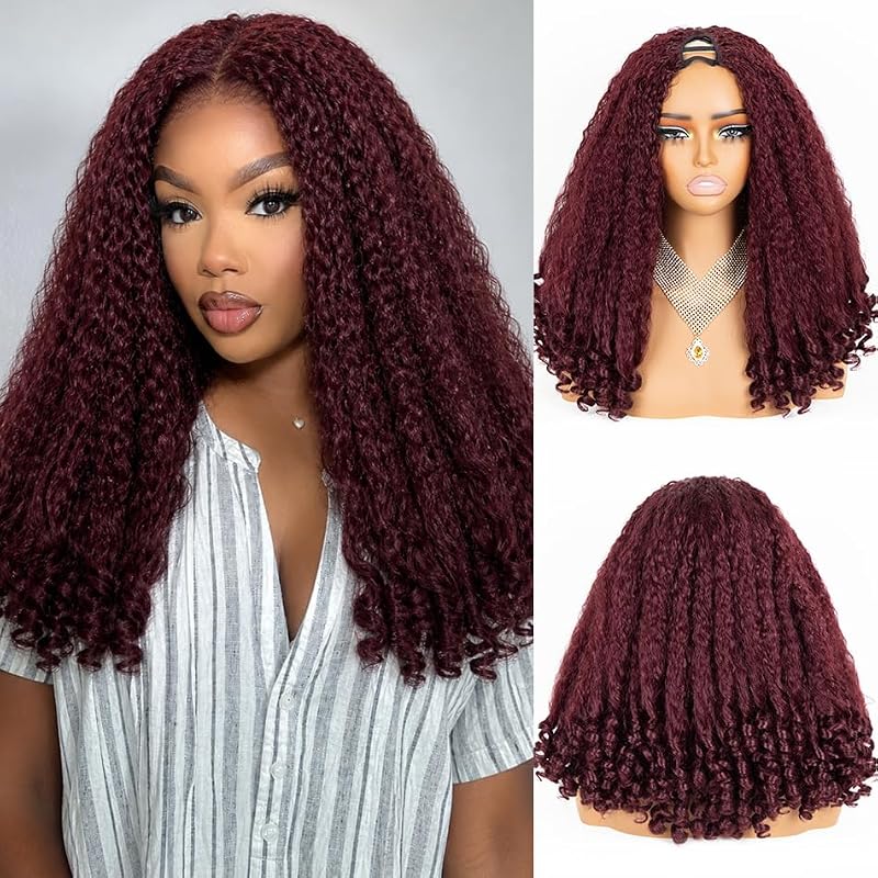 Burgundy Afro V Part Curly Wig 20 Inch - Kinky Textured Synthetic Hair for Women