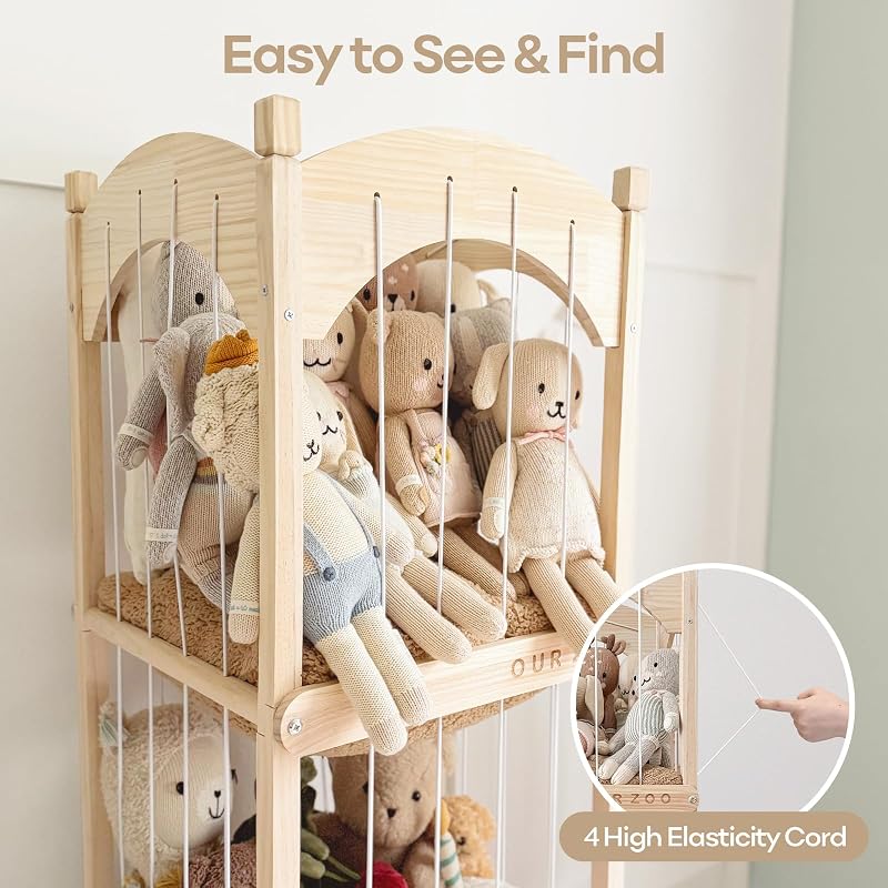 Stuffed Animal Storage Toy Organizer in Wood – Kid Bedroom Cabinet with Wheels