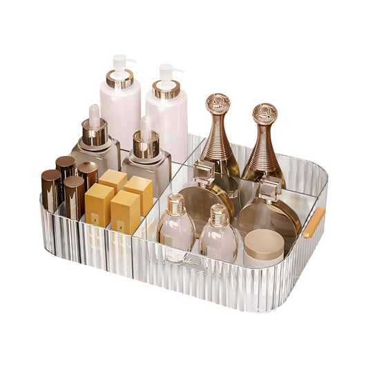 DASITON Large Capacity Makeup Organizer,12 Slots Makeup Brush Holder,Makeup Storage with Handle,Vintage Striped Cosmetic Organizer for Bathroom Countertops,Desk Storage Container(Clear)