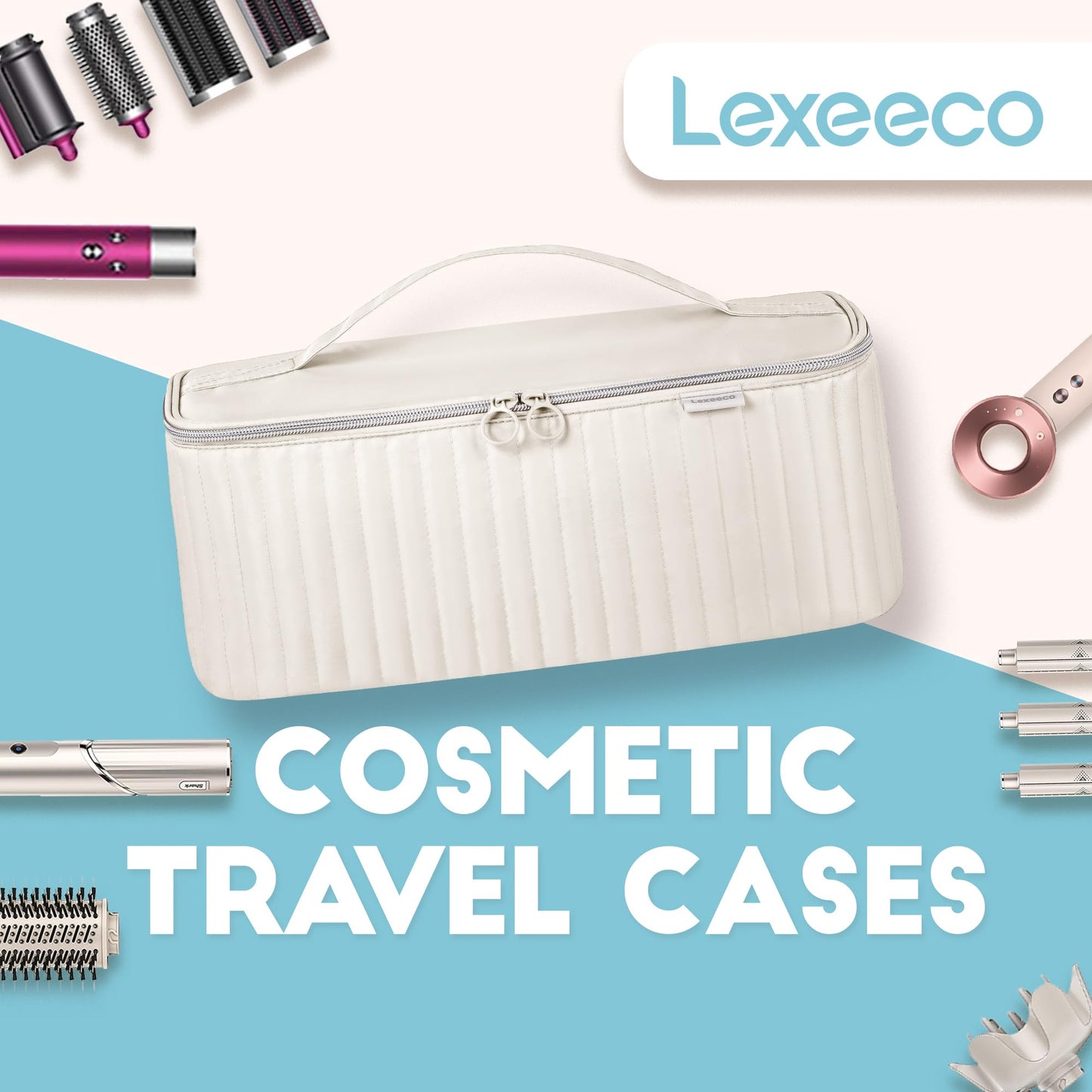 Lexeeco Travel Carrying Case for Hair Dryer Shark Flexstyle Dyson Airwrap Brush Hair Accessories Tools Storage Bag for Revlon Hairdryer Styler Organizer (Beige)