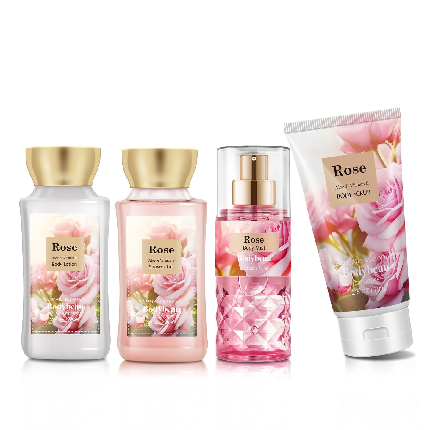 Bath and Body Gift Set for Women & Girls, Rose 4PCS Set for - Shower Gel, Body Lotion, Body Mist, Exfoliating Scrub, Personal Portable Body Care Travel Set