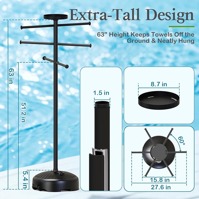 63 Inch Outdoor Pool Towel Rack with Built-In Tray and Wheels