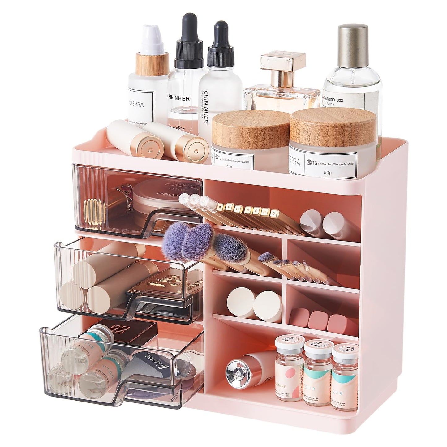 UFORU Makeup Organizer Countertop with 3 Drawers, Multi-Function Desktop Vanity Organizer for Skincare Makeup Brush Lipstick, Bathroom Counter Organizer, Pink
