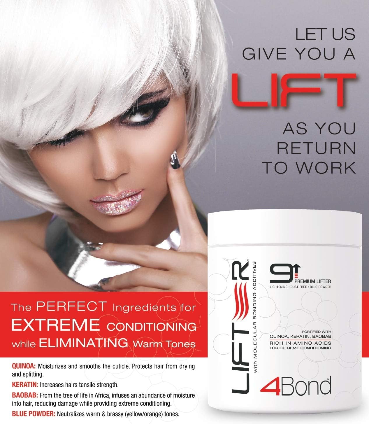4BOND Premium Hair Bleach Powder Lightener | Blue Based Lightener | Up To 9 Levels Of Lift | Infused with Amino Acids, and Quinoa, Keratin and Baobab Proteins For Repairative Conditioning 16 Fl Oz
