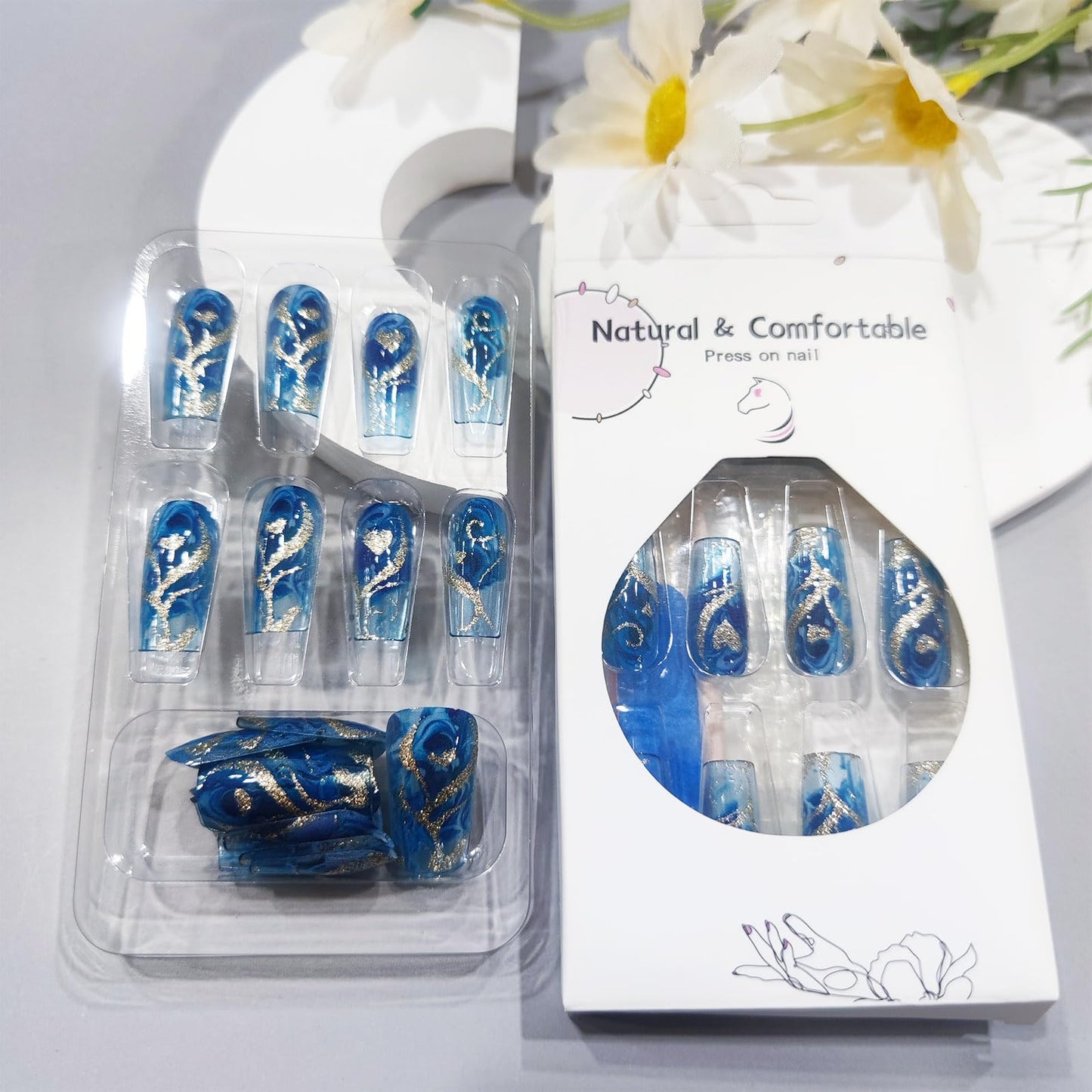 24Pcs Gold Curve Line Press on Nails Sea Acrylic Fake Nail Glossy Blue Gradient Medium Square False Nails Love Heart Stick on Fingernails Seaweed Gel Glue on Nail for Coquette Women Girls