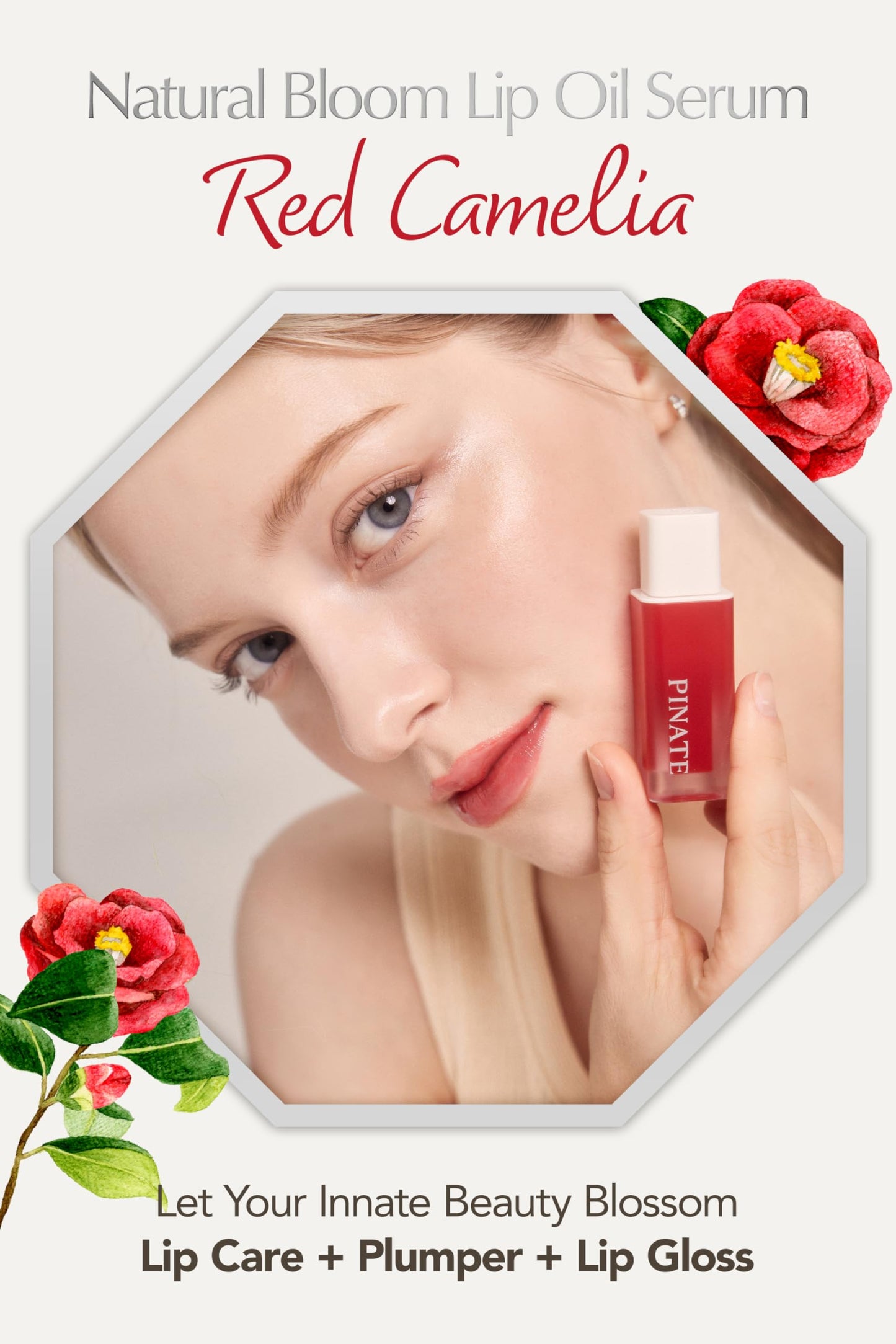 PINATE Natural Bloom Korean Lip Plumper Red Camelia | Moisturizing Lip Booster Plumping Oil Tint Serum Enriched w/Camellia & Safflower Serum| Non-Irritating Color Changing Lip Oil