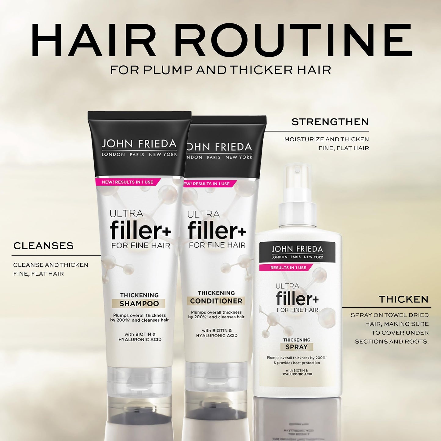 John Frieda ULTRAfiller+ Thickening Conditioner, Strengthening Conditioner for Damaged or Thin Hair, Infused with Biotin and Hyaluronic Acid to Strengthen Hair for Thicker Fuller Results, 8.3 Oz