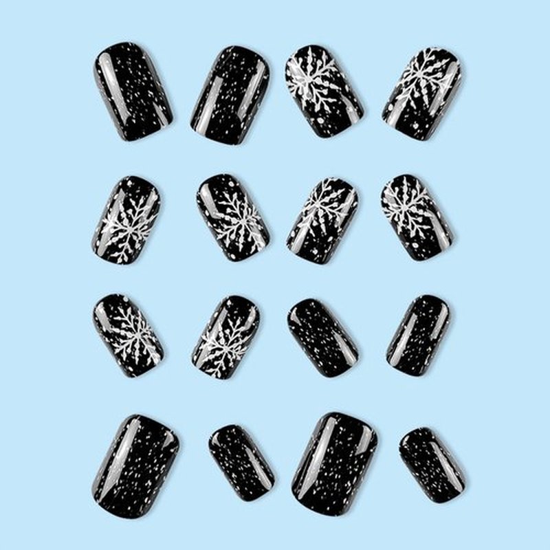 Christmas Black Press on Nails Short Square Fake Nails with White Snowflake Starry Night Designs Glossy Coffin False Nails Cute Glue on Nails Holiday Artificial Stick on Nails for Women Girls 24Pcs